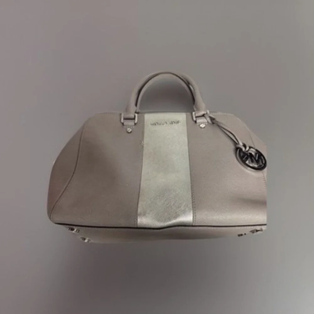 Michael Kors Gray Satchel Bag Logo Charm Double Handles Zipper Silver Hardware